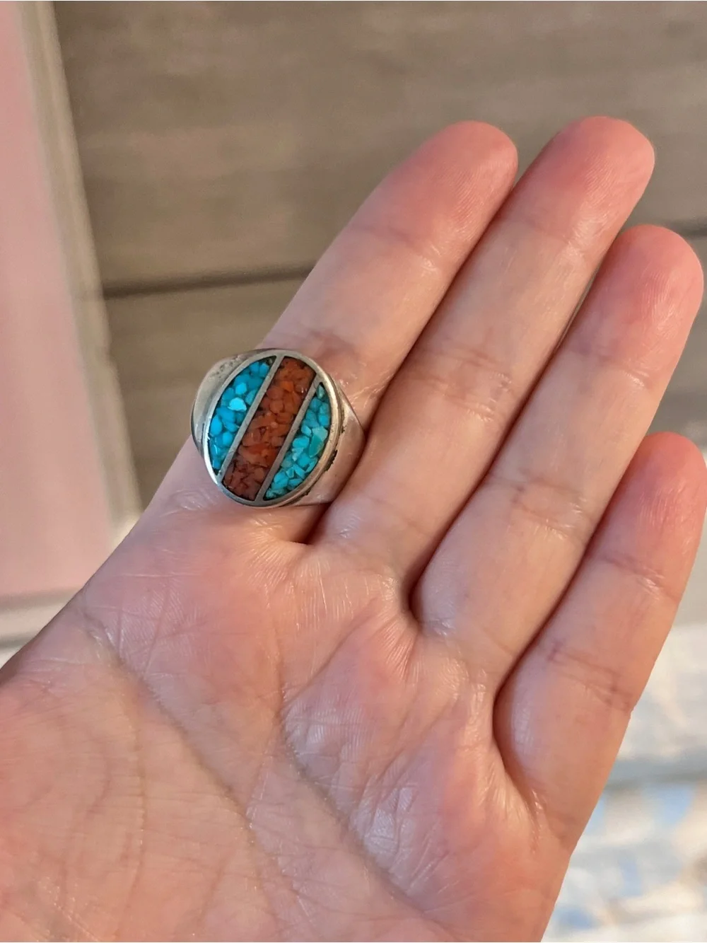 Old Pawn Native American Turquoise and Coral Inlay Ring Sterling Silver Men